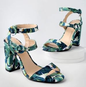 Terrace Green Multi Leaf Print Ankle Strap Heels